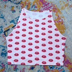 Red Lips Kiss Print Pink Tank Crop Top American Apparel